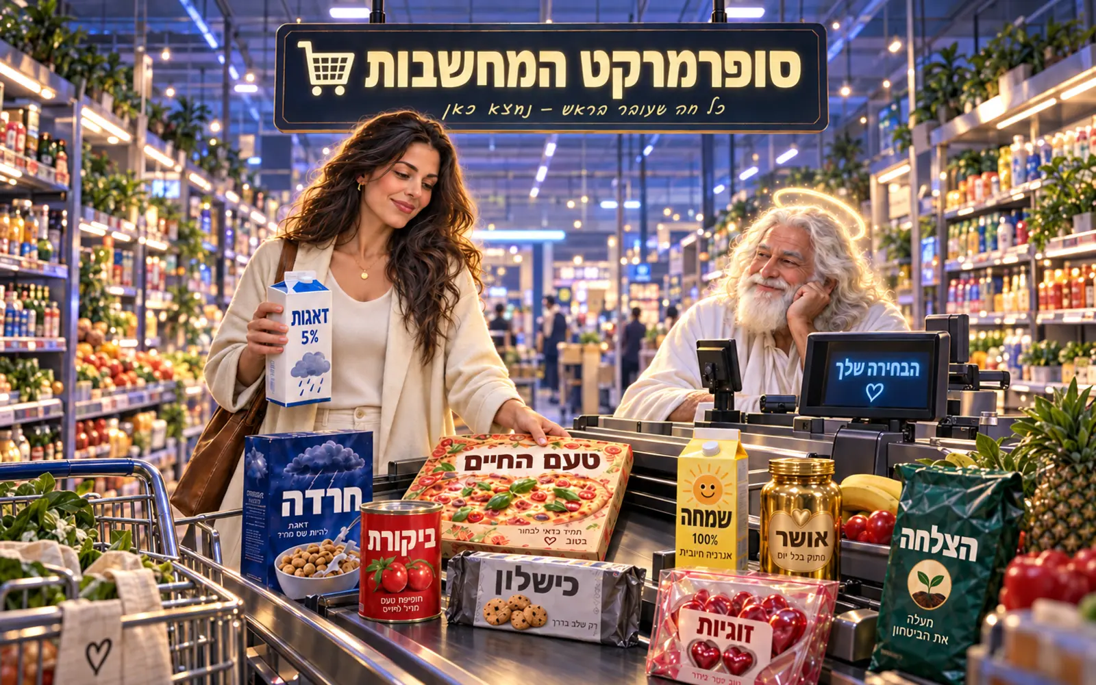 המחשה שנוצרה ב־AI: אישה בקופת סופרמרקט המחשבות, עם חלב דאגות 5% ופיצה בטעם החיים, מול דמות סמלית של אלוהים כקופאי קשוב