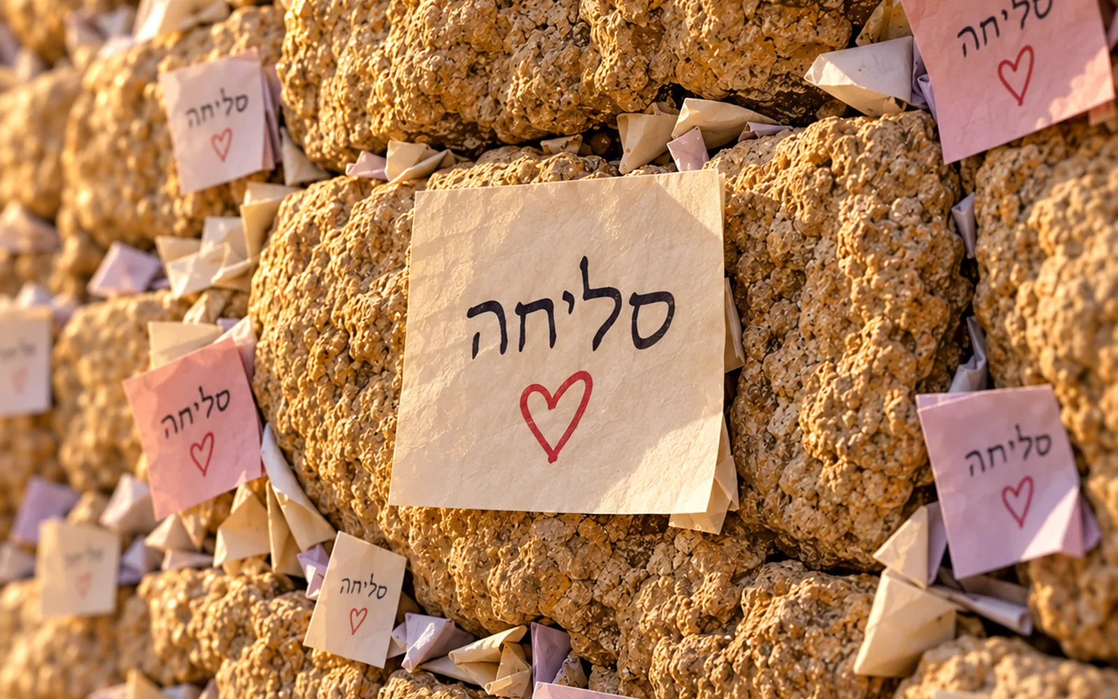 המחשה שנוצרה ב־AI: קיר אבנים באור זהוב ובו פתקים עם המילה סליחה ולבבות אדומים