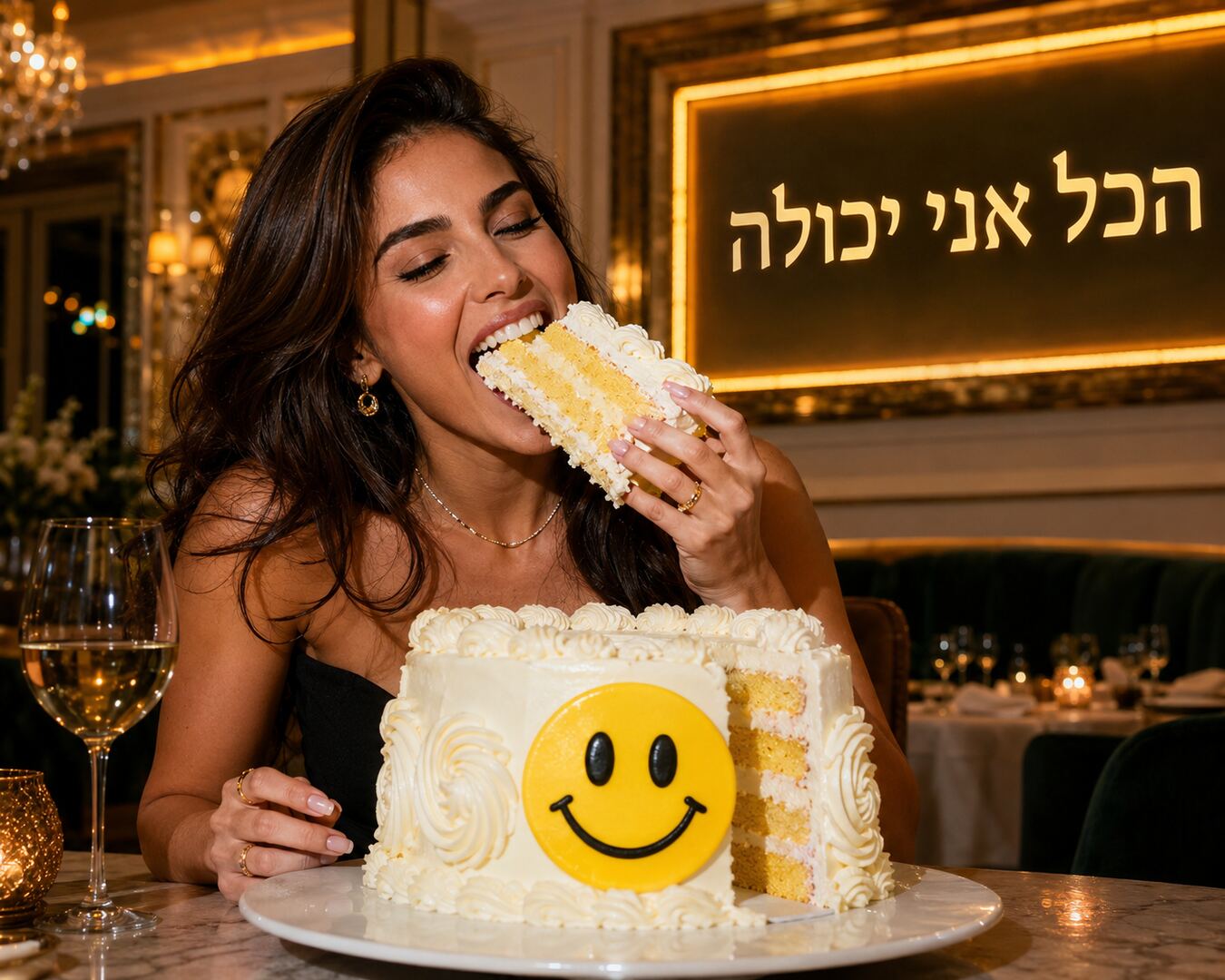 אישה שמחה אוכלת עוגת קרם במסעדה יוקרתית, על העוגה סמיילי צהוב ומאחור שלט עם המילים הכל אני יכולה